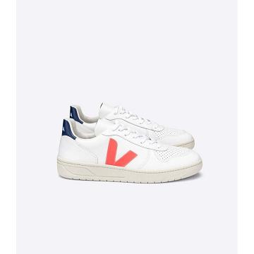 Women's Veja V-10 LEATHER Sneakers White/Orange/Blue | SG 646JPQ